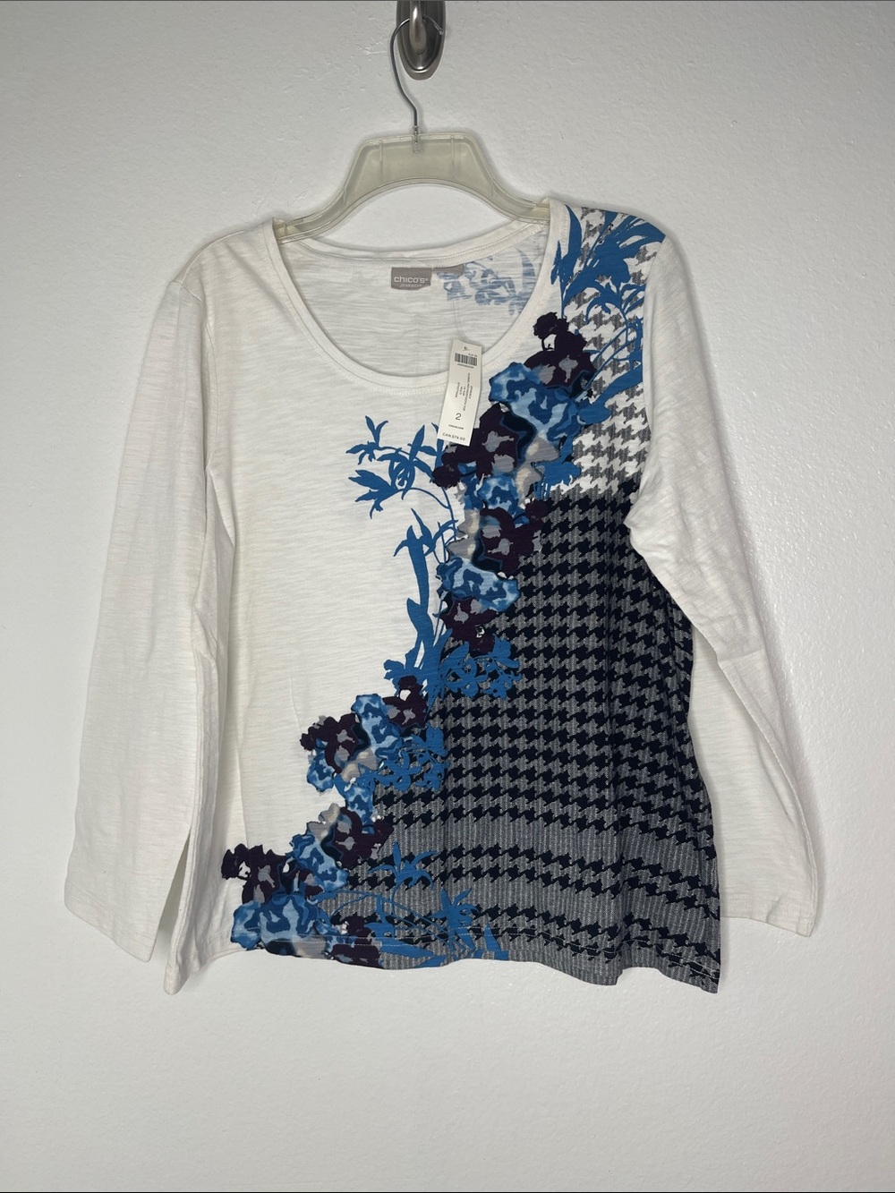 New Chico's Zenergy Floral Houndstooth 100% Cotton Long Sleeve Top Size 2 12/14